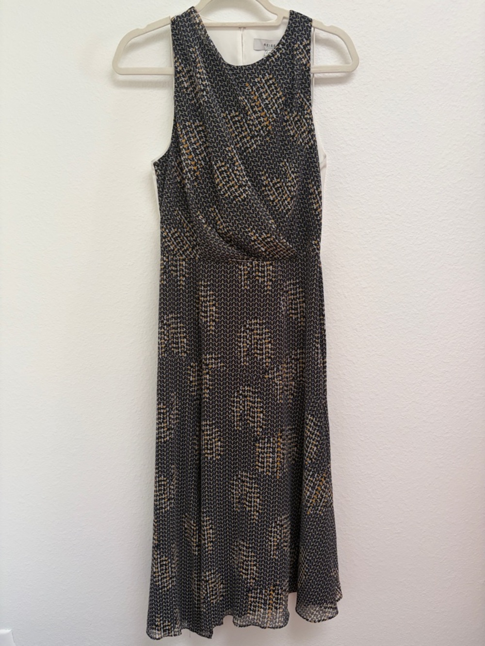 Reiss Navy and Gold Printed Sleeveless Midi Dress